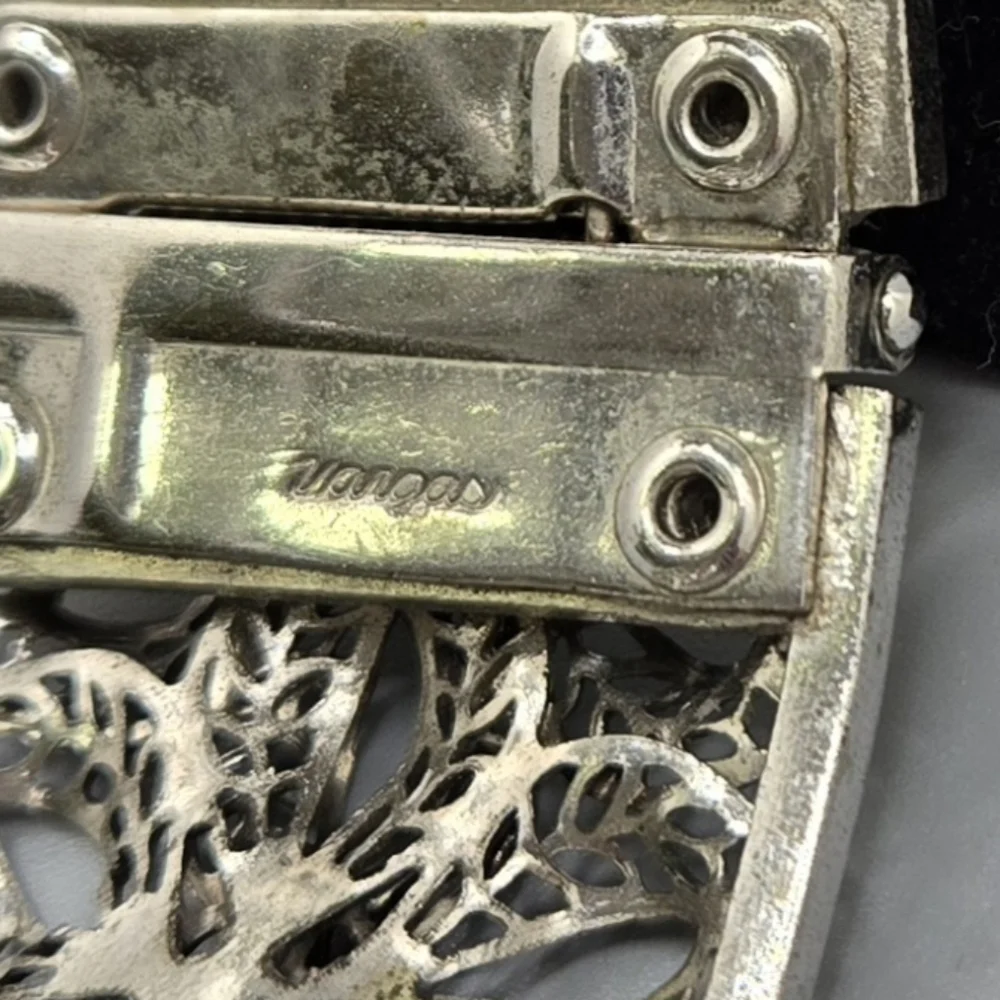 Vargus Floral Filigree Hinged Bangle Bracelet Offset Silver Tone Sz 6-7 - Picture 4 of 5